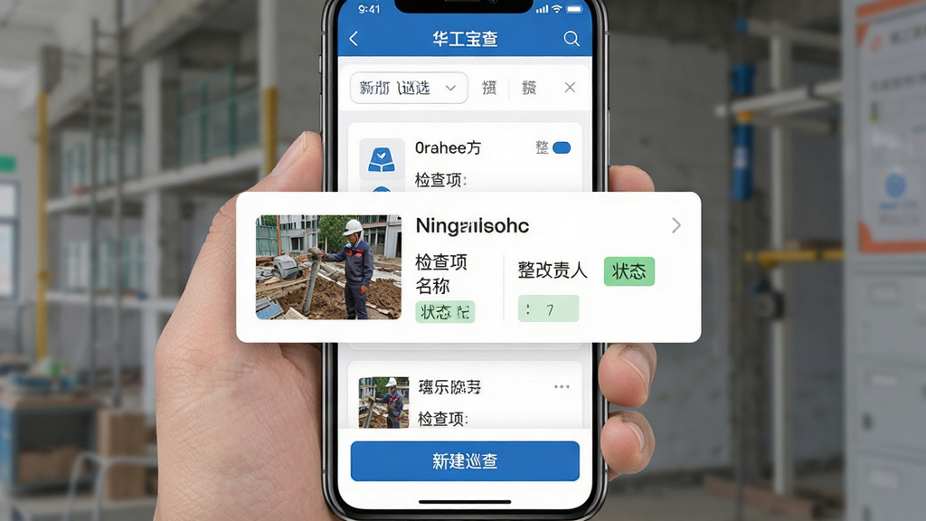 画面主体为华工宝应用中的安全巡查界面特写,屏幕中央展示一条隐患记录卡片,包含隐患照片缩略图、检查项名称、整改责任人、状态标签;界面布局为纵向卡片流,顶部有筛选栏,底部有新建巡查按钮;风格为清爽的移动端UI展示图,色调以白色背景配工程蓝强调色,细节包括图标线条、状态色块,画质干净清晰,无多余装饰