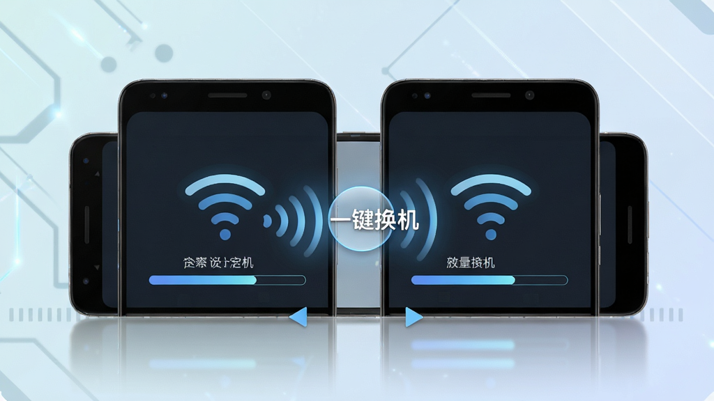 两部安卓手机并排摆放,屏幕之间显示无线信号波纹与数据传输进度条,画面中有