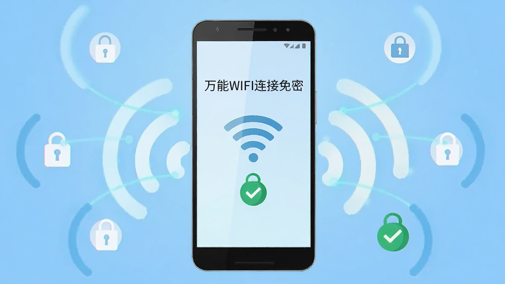 画面中央放置一部安卓智能手机,手机屏幕显示无线网络连接成功界面,屏幕上方有