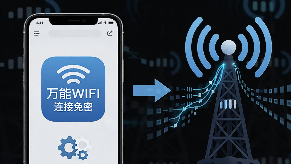 画面左侧为手机应用界面,右侧为无线网络信号塔与数据流动线条,中间用箭头连接,手机屏幕显示