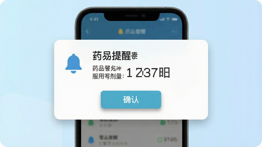 一张药管家智能提醒功能展示图,主体为手机屏幕弹出服药提醒通知的界面,布局上通知卡片居中显示药品名称、服用剂量和打卡按钮,背景为淡蓝色渐变,风格为清爽扁平化设计,细节上铃铛图标醒目、时间数字清晰、确认按钮带轻微阴影,画质高清、画面干净、无杂乱元素