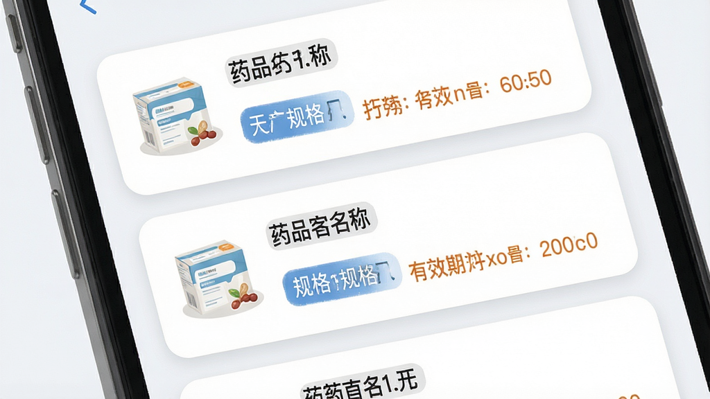 一张药管家药品清单管理界面图,主体为手机屏幕展示药品信息卡片列表,布局上每张卡片包含药品名称、规格标签和有效期提示,风格为简约卡片式设计,主色调为浅灰白配蓝色标签,细节上药盒插图小巧、文字层次分明、卡片圆角柔和,画质高清、画面干净、无杂乱装饰