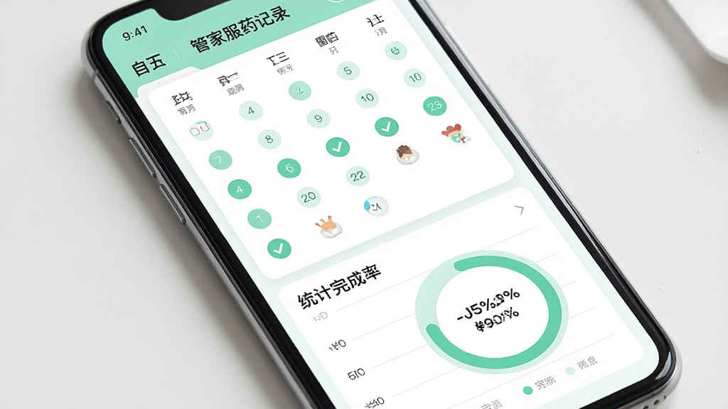 一张药管家服药记录统计界面图,主体为手机屏幕展示日历式服药打卡记录与完成率环形图表,布局上日历占据上半屏、统计图表位于下半屏,风格为现代健康管理风,主色调为白色与薄荷绿,细节上打卡圆点整齐排列、环形进度条带有百分比数字,画质高清、界面整洁、无多余元素