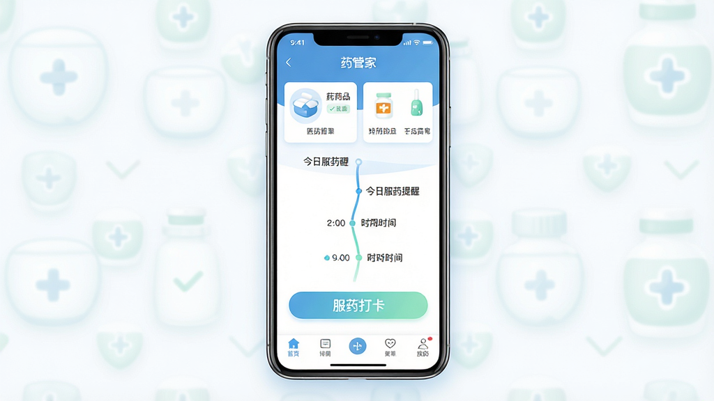 一张手机应用界面展示图,主体为居中放置的智能手机,屏幕中显示药管家应用主界面,包含药品列表卡片、今日服药提醒时间轴和醒目的服药打卡按钮,布局清晰分为顶部状态栏、中部药品清单、底部导航栏,风格为清新医疗健康风,主色调为蓝白色搭配浅绿色点缀,细节上药盒图标圆润、时间轴线条流畅、文字标签清晰可辨,画质高清、界面干净、无多余装饰元素