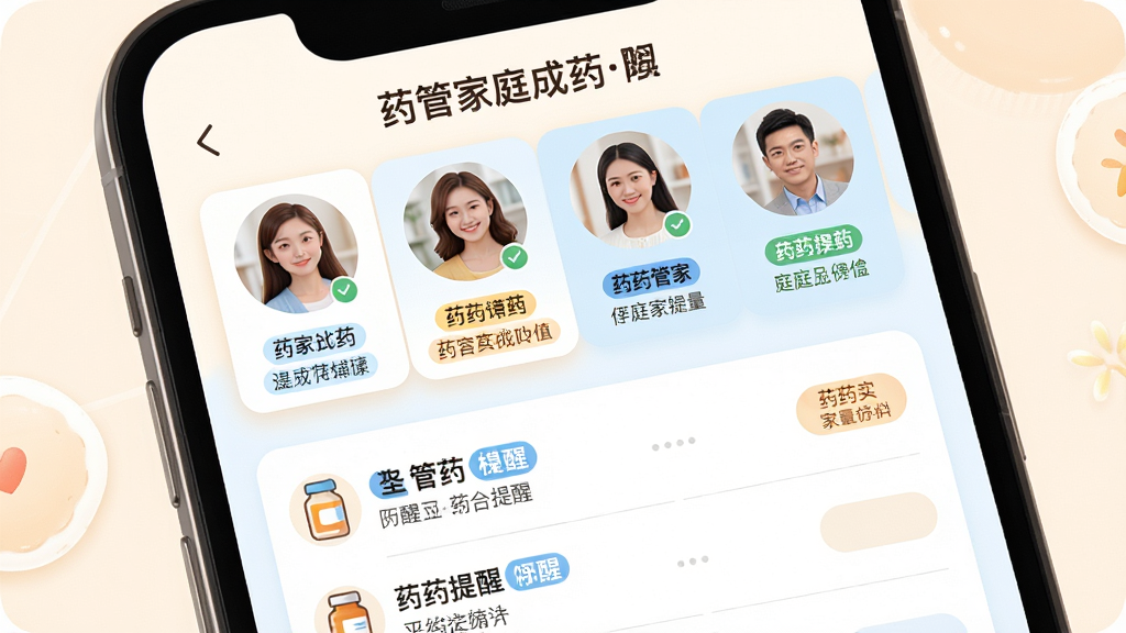 一张药管家家庭成员用药管理界面图,主体为手机屏幕展示多个家庭成员头像与各自用药提醒卡片,布局上头像横向排列于顶部、下方为对应药品提醒列表,风格为温馨家庭健康风,主色调为暖白与浅蓝,细节上头像圆形柔和、提醒标签颜色区分明显,画质高清、界面清爽、无多余元素