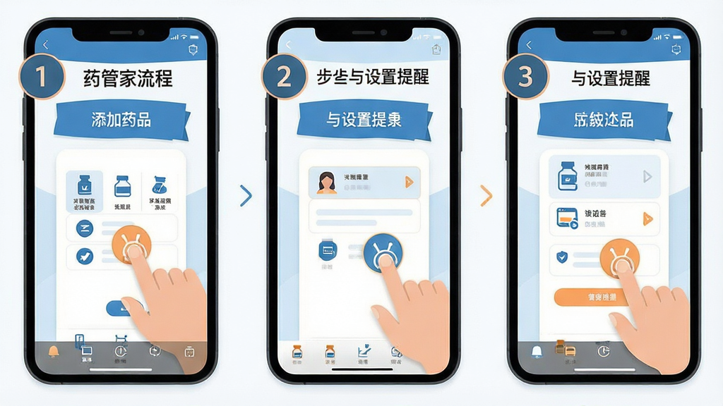 一张药管家使用教程示意图,主体为手机屏幕分步展示添加药品与设置提醒的操作流程,布局上采用三格分步排列,每格配简洁操作示意与文字标注,风格为扁平化教程插画风,主色调为蓝白配浅橙强调色,细节上手指点击图标清晰、步骤编号醒目,画质高清、画面干净、无多余元素