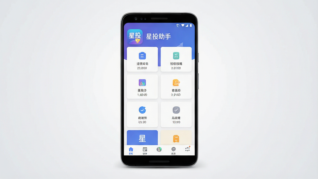 一张展示“星投助手”手机应用主界面的预览图,画面中央放置一部竖屏安卓手机,手机屏幕上显示“星投助手”的软件图标与首页功能模块布局,背景为浅灰色渐变,风格简洁清爽,细节包含图标、卡片式功能入口与底部导航栏,画质清晰,干净无多余元素