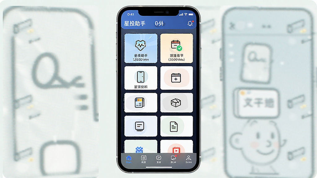 一张“星投助手”首页布局示意图,画面以手机屏幕为主体,屏幕内展示卡片式功能模块排列,每个卡片带有简洁图标与文字标签,布局整齐有序,风格扁平化,细节包含顶部状态栏与底部导航,画质清晰,干净无多余元素