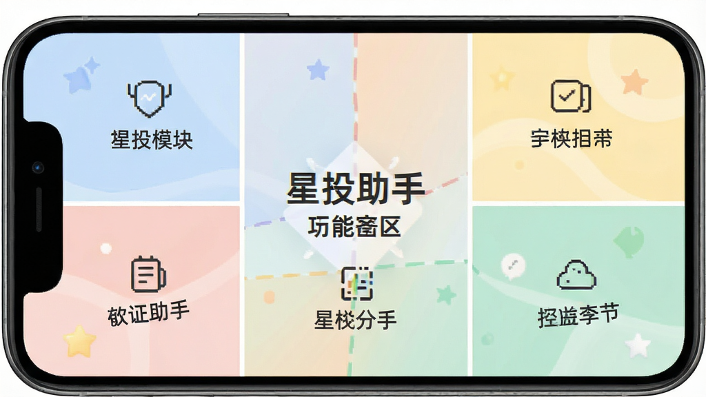 一张“星投助手”功能模块分区示意图,画面将手机屏幕划分为多个颜色柔和的区块,每个区块标注不同功能类别名称,区块之间以细线分隔,风格清新明快,细节包含图标与文字标签,画质清晰,干净无多余元素