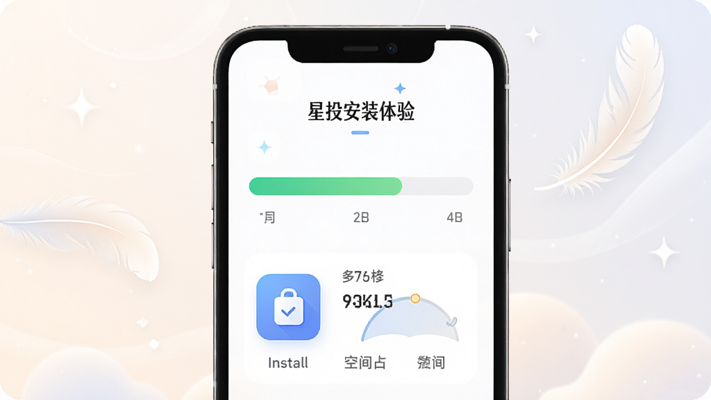 一张“星投助手”轻量化安装体验示意图,画面展示手机屏幕内安装进度条与存储空间对比示意,背景带有羽毛或轻盈元素,风格简洁柔和,细节包含安装包图标与空间占用数值展示,画质清晰,干净无多余元素