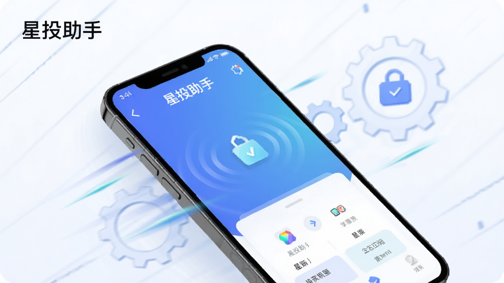 一张“星投助手”运行稳定性概念图,画面展示手机屏幕内软件界面流畅切换的动态示意,背景带有轻微的速度线条与齿轮元素,风格科技简约,细节包含流畅的过渡动画感与稳定运行的视觉符号,画质清晰,干净无多余元素