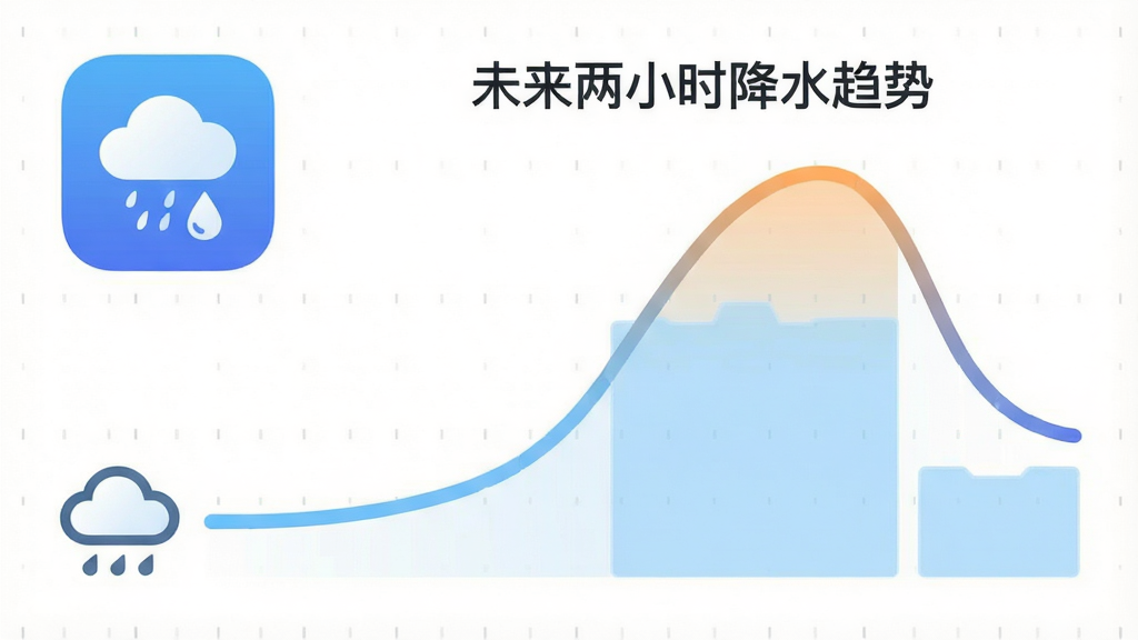 一张横向展开的分钟级降水曲线示意图,左侧是天气准点预警的软件图标,曲线从左侧的云朵图标下方开始,先平缓后上扬再回落,曲线上方标注“未来两小时降水趋势”字样,曲线下方用浅蓝色色块表示降雨时段;整体布局为信息图表风格,排版简洁,风格现代扁平,细节上曲线带有柔和渐变,背景为纯白,画质清晰,干净,无多余元素