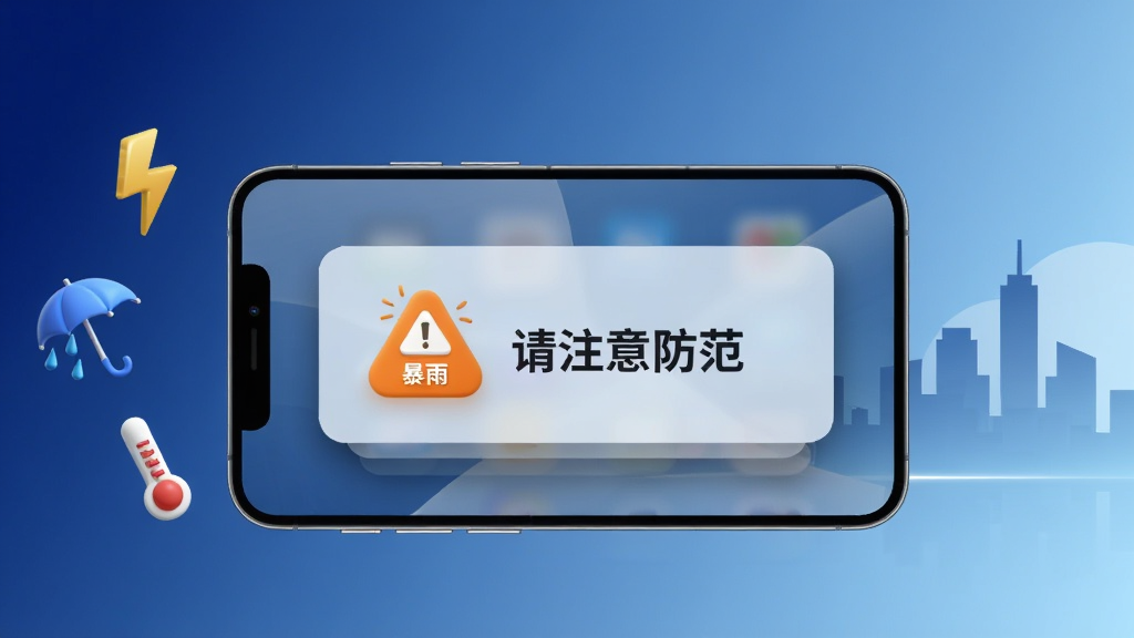 一部手机横放在画面中央,屏幕弹出天气准点预警的预警通知卡片,卡片上带有暴雨橙色预警图标和“请注意防范”字样,手机左侧漂浮着闪电、雨伞、温度计三个立体小图标,右侧是城市剪影背景;布局为左右对称构图,风格为写实科技风,细节上通知卡片有轻微阴影和圆角,背景为深蓝到浅蓝的渐变,画质清晰,干净,无多余元素