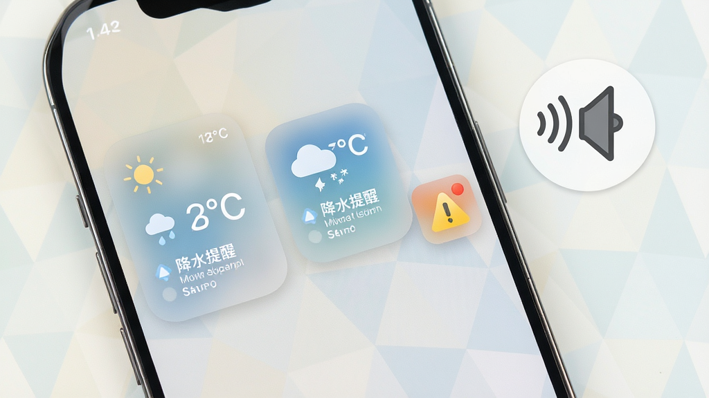 一个手机桌面场景,桌面上放置了三个不同尺寸的天气准点预警桌面小组件,小组件上分别显示当前温度、降水提醒和预警图标,手机旁边有一个正在发声的语音播报喇叭图标;布局为俯视桌面视角,风格为清新简约风,细节上组件带有半透明磨砂效果,桌面壁纸为浅色几何图案,画质清晰,干净,无多余元素