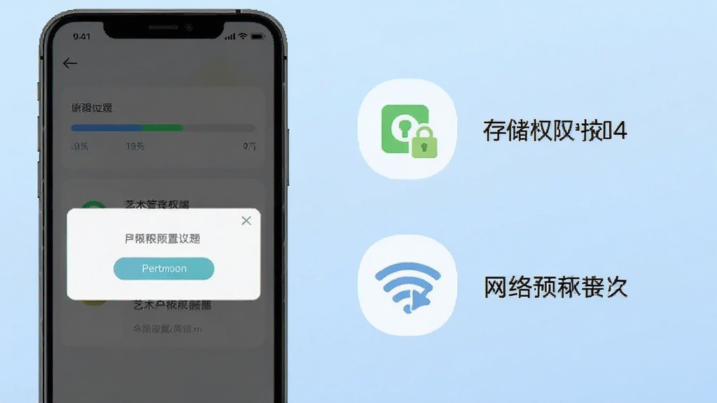 艺术签名生成器手机端安装与权限设置示意图,画面展示手机屏幕上的安装进度条和权限管理弹窗,旁边配有存储权限和网络权限的图标说明,背景为浅蓝色渐变,风格简洁清晰,画质干净,无多余文字装饰
