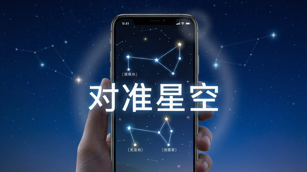 夜空背景下,一部智能手机竖屏握持,屏幕中显示AR星座连线与星体名称标注,手机后方是深蓝色渐变星空,画面中央有