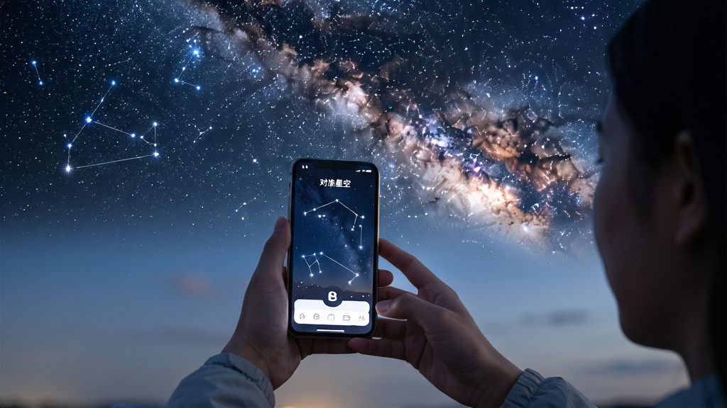 夜晚户外场景,用户双手举着手机对准星空,手机屏幕显示AR星座图案与