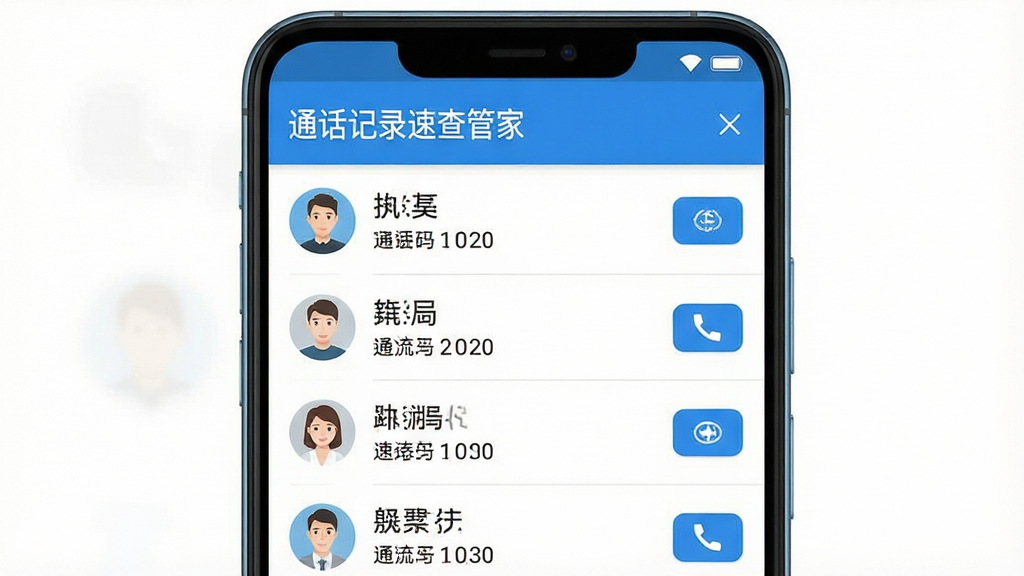 一张展示安卓手机屏幕的图片,屏幕中央是通话记录速查管家软件的主界面,界面顶部显示软件名称“通话记录速查管家”,下方是整齐排列的通话记录列表,每条记录包含联系人头像、姓名、号码和通话时间,右侧有筛选按钮,整体布局清晰,采用蓝白配色,风格简洁现代,画质干净清晰,无多余元素