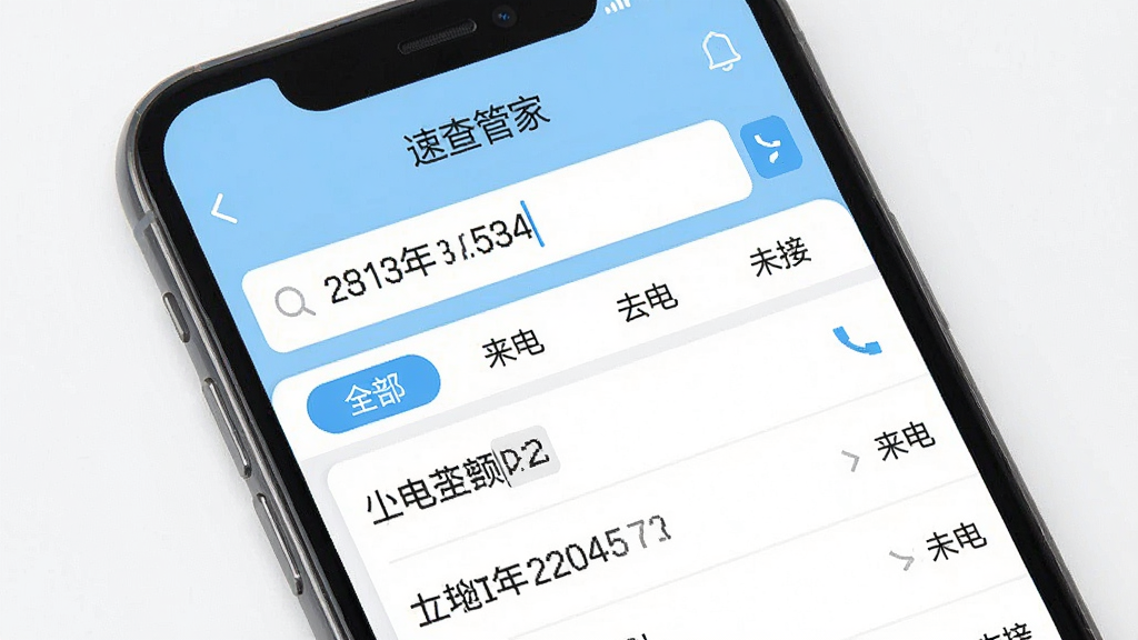 一张手机应用界面截图风格的图片,画面中通话记录速查管家软件正在执行搜索操作,搜索框内输入了部分号码,下方列表实时展示匹配结果,界面带有筛选标签栏,包含“全部”“来电”“去电”“未接”等选项,配色以浅蓝和白色为主,排版整洁,细节清晰,画质干净