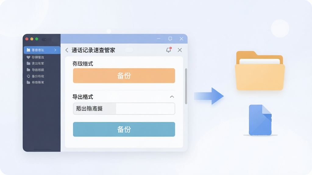 一张展示数据备份流程的示意图,画面中通话记录速查管家软件界面显示“备份”按钮和导出格式选项,旁边有手机存储文件夹图标和文件传输箭头,整体风格扁平化,配色柔和,布局清晰,画质干净,无多余装饰