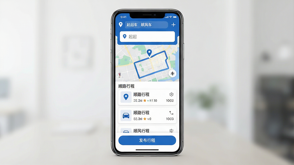 一张手机应用界面展示图,画面中央是一部竖屏智能手机,屏幕内呈现顺风车打车出行应用的主页,顶部显示起终点输入框与地图路线,中部为顺路行程卡片列表,底部为发布行程按钮,整体采用蓝白配色,布局干净整洁,风格为现代扁平化UI设计,细节包含地图定位图标、车辆小图标与路线连线,画质清晰,画面干净,无多余元素