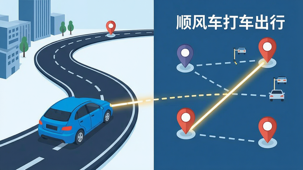 一张展示智能路线匹配概念的插画,画面左侧为一条弯曲的城市道路,道路上有一辆蓝色小汽车,右侧为多个目的地标记点,一条高亮线条将车辆与最顺路的标记点连接,画面中带有“顺风车打车出行”文字标识,布局为左右对比式构图,风格为简洁科技插画,细节包含定位图钉与虚线路径,画质清晰,画面干净,无多余元素