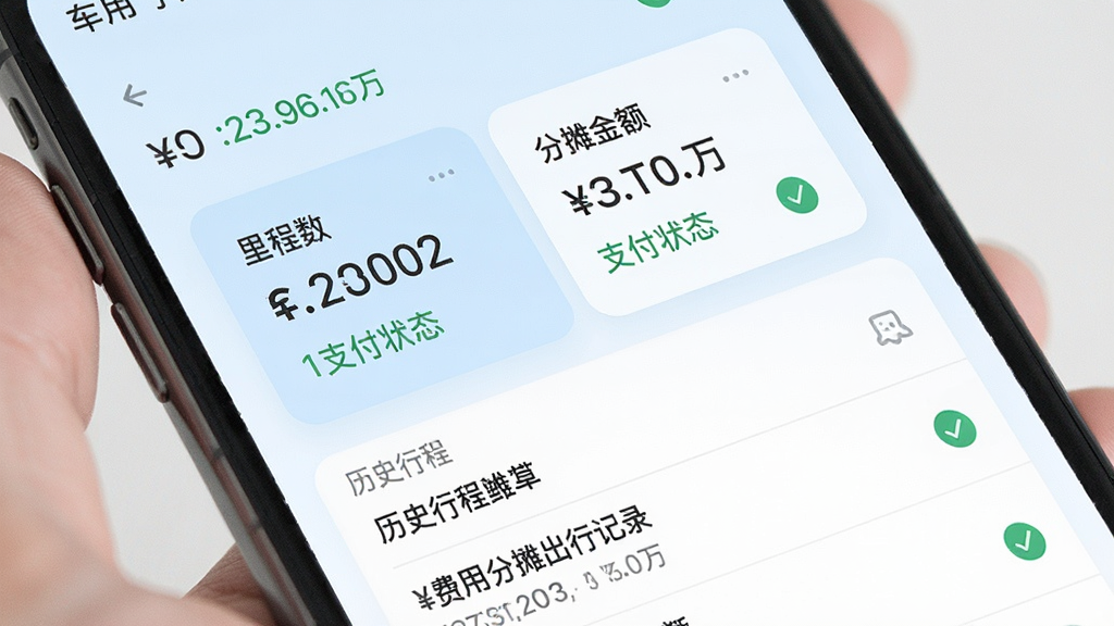 一张表现费用分摊与出行记录的界面示意图,画面为手机屏幕特写,屏幕内显示行程费用明细卡片,包含里程数、分摊金额与支付状态,卡片下方为历史行程列表,整体配色为浅蓝与白色,风格为清爽移动端UI,细节包含数字金额与对勾图标,画质清晰,画面干净,无多余元素