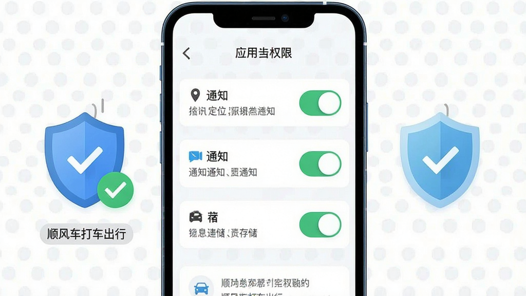 一张手机安全设置与权限管理示意图,画面为手机屏幕展示应用权限列表,包含定位、通知、存储三项开关,旁边配有盾牌安全图标与对勾标记,画面中带有“顺风车打车出行”小字标识,布局为居中构图,风格为简洁信息图,细节包含开关按钮与提示文字框,画质清晰,画面干净,无多余元素
