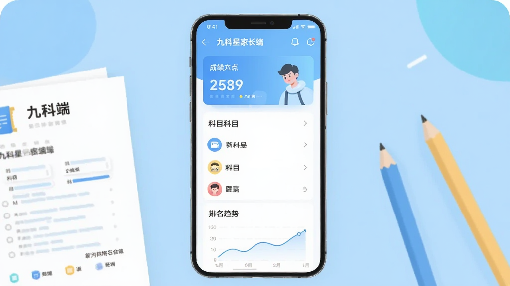 画面主体为一部竖屏智能手机,屏幕中央展示九科星家长端应用主界面,界面包含成绩卡片、科目列表和排名趋势图;手机两侧分别放置成绩单纸张与铅笔元素;整体采用清爽浅蓝与白色配色,扁平化插画风格,布局居中对称,细节干净利落,画质清晰,无多余装饰元素