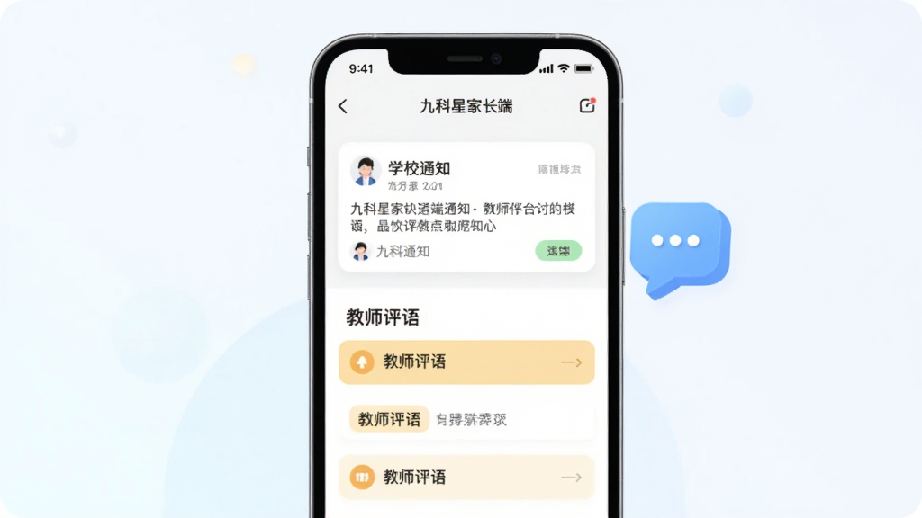 画面主体为手机屏幕展示九科星家长端消息通知页面,页面中有学校通知卡片和教师评语条目,手机旁边放置一个对话气泡图标;背景为浅色渐变,风格为简洁UI展示插画,布局居中,细节清晰,画质干净,无多余元素