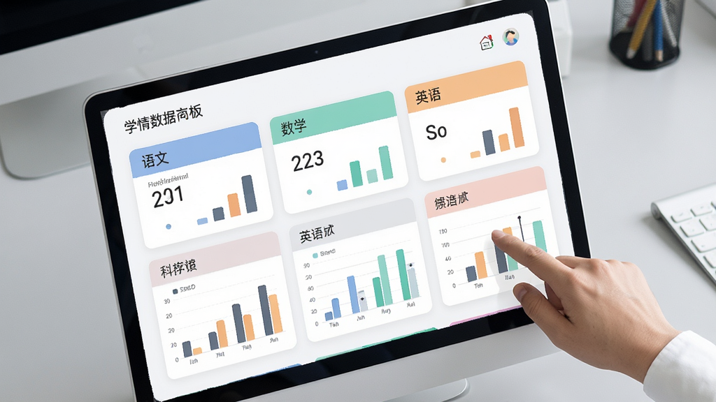 画面主体为一张简洁的学情数据面板,面板上排列着语文、数学、英语等科目的分数卡片与柱状趋势图,旁边有一只手正在点击查看;背景为浅灰色办公桌面,风格为现代扁平化信息图,排版整齐,细节清晰,画质干净,无多余元素