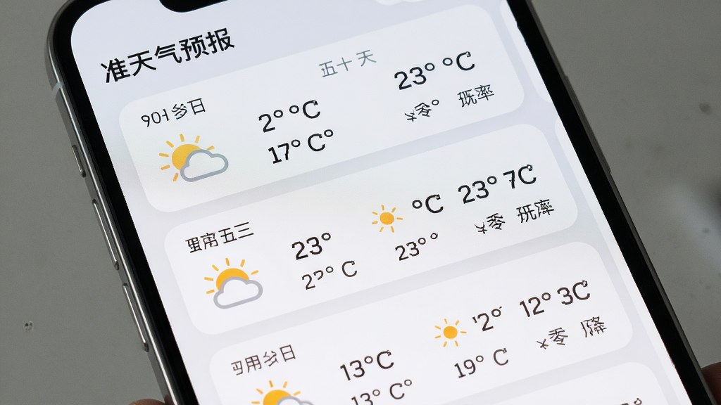 一张展示多日天气预报列表的手机界面图,画面主体为手机屏幕,屏幕内是“准天气预报”未来七天天气卡片列表,每张卡片包含日期、天气图标、最高最低温度与降水概率,背景为淡雅浅灰,卡片圆角柔和,排版整齐,风格清爽简约,细节清晰,画质干净,无多余元素