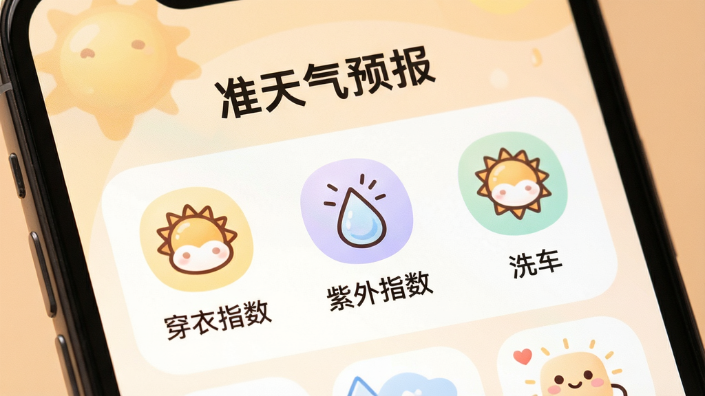 一张表现生活指数提示的创意图,画面为手机屏幕特写,屏幕上显示“准天气预报”生活指数模块,包含穿衣指数、紫外线指数、洗车指数的小图标与简短文字标签,背景为柔和暖色调,图标风格圆润可爱,排版紧凑有序,细节清晰,画质干净,无多余元素