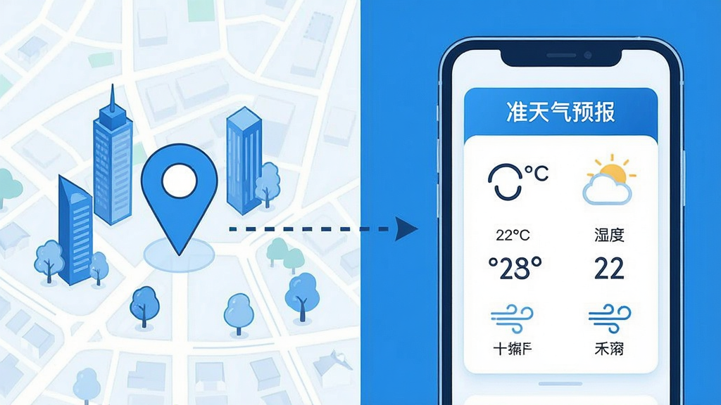 一张表现手机定位与天气数据联动的插画,画面左侧是城市地图轮廓与定位标记,右侧是手机屏幕展示“准天气预报”实时天气面板,包含温度、湿度、风力图标,中间用虚线箭头连接,整体风格简洁科技感,配色以蓝白为主,布局左右分栏,细节清晰,画质干净,无多余元素