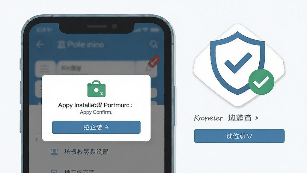 一张表现手机安装应用与权限设置的示意图,画面为手机屏幕特写,屏幕上显示应用安装确认弹窗与定位权限选择界面,旁边配有盾牌与对勾图标,风格简洁说明性强,配色以蓝灰为主,排版清晰,细节明确,画质干净,无多余元素