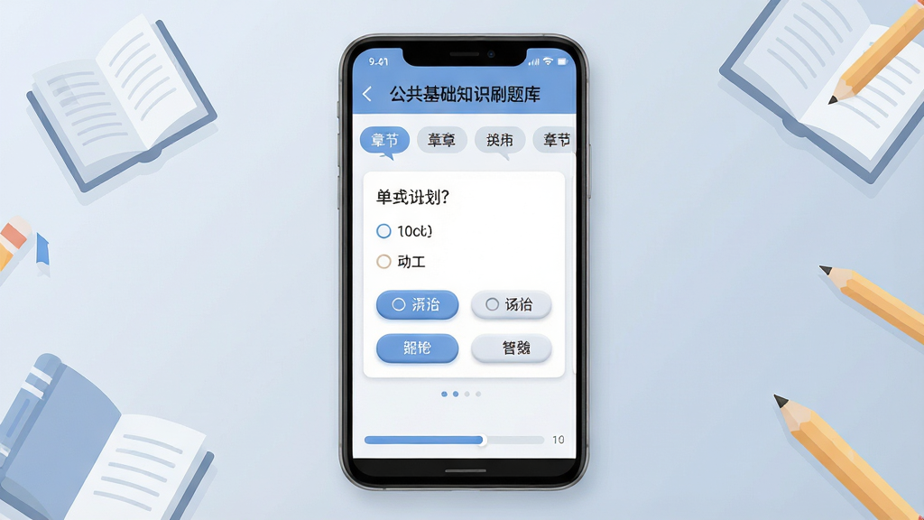 一张手机应用界面展示图,画面主体是一部竖屏安卓手机,屏幕内显示“公共基础知识刷题库”的刷题首页,顶部有章节分类标签,中间是单选题卡片与选项按钮,底部是答题进度条;布局为居中手机正面展示,背景为浅蓝灰色渐变并带少量书本与铅笔的扁平插画元素;风格为清爽扁平化UI展示风格;细节上手机边框圆润、界面文字清晰、按钮有轻微立体感;画质高清、画面干净、无多余元素