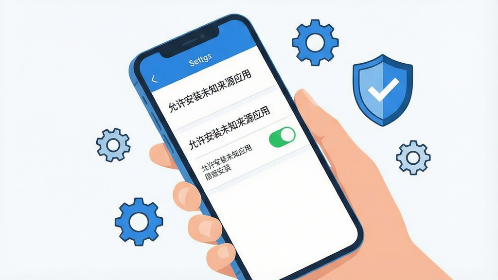 一张手机安全设置操作示意图,画面主体是一只手拿着手机,屏幕显示“允许安装未知来源应用”的设置开关界面,旁边有盾牌与对勾图标;布局为手机斜置于画面中央、周围有少量设置齿轮元素点缀;风格为简洁说明性插画风格;细节上开关为绿色开启状态、界面文字清晰、配色以蓝白为主;画质高清、画面干净、无多余元素