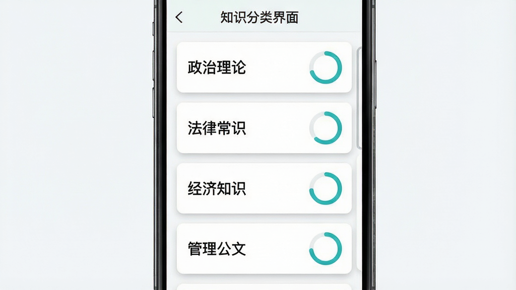 一张知识分类界面示意图,画面主体是手机屏幕中呈现多层卡片式章节列表,卡片上分别写有“政治理论”“法律常识”“经济知识”“管理公文”等分类名称,每张卡片右侧带有小进度环;布局为纵向排列的卡片流,顶部有标题栏;风格为现代简约卡片式UI风格;细节上卡片有柔和阴影、进度环为蓝绿色、文字清晰;画质高清、画面干净、无多余元素