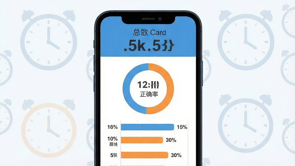 一张模拟考试结果页示意图,画面主体是手机屏幕显示一张成绩报告卡,卡上有总分数字、环形正确率图表以及分模块得分条形图,背景有淡淡的时钟图标;布局为手机居中、报告卡占据屏幕主要区域;风格为数据可视化扁平风格;细节上环形图使用蓝橙配色、数字醒目、条形图排列整齐;画质高清、画面干净、无多余元素