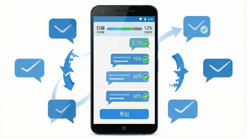 一张展示手机短信恢复还原软件界面的产品示意图,画面主体是一部竖屏安卓手机,屏幕中央显示短信列表恢复预览界面,顶部有扫描进度条,底部有导出按钮,手机周围环绕着短信气泡图标和数据恢复箭头符号,布局为手机居中、图标环绕四周,排版简洁清晰,风格为扁平化科技蓝配色,细节包括短信气泡上的对勾标记和进度条上的百分比数字,画质清晰干净,无多余元素