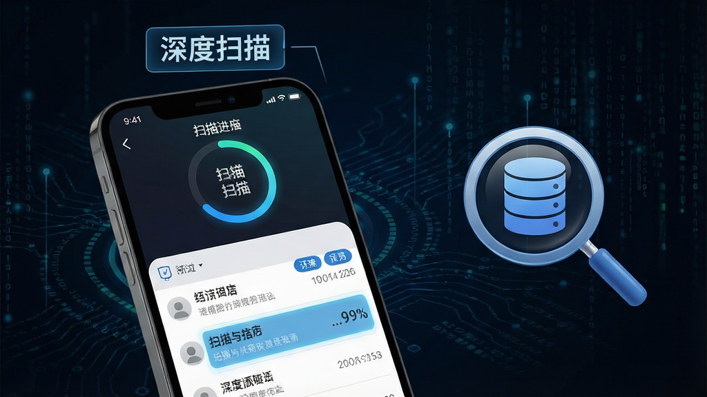 一张展示手机短信恢复还原深度扫描功能的示意图,画面主体是一部手机屏幕显示扫描进度与短信列表,屏幕上方有