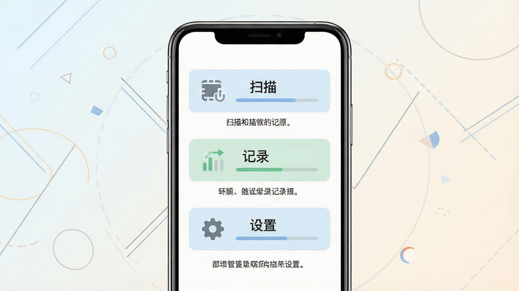 一张展示手机短信恢复还原简洁界面的示意图,画面主体是一部手机屏幕显示三个大按钮模块,分别为扫描、记录和设置,按钮下方有文字引导提示,背景为浅色渐变,布局为手机居中、周围有简洁的几何装饰线条,排版清爽,风格为扁平化浅色系,细节包括按钮上的图标和进度提示文字,画质清晰干净,无多余元素