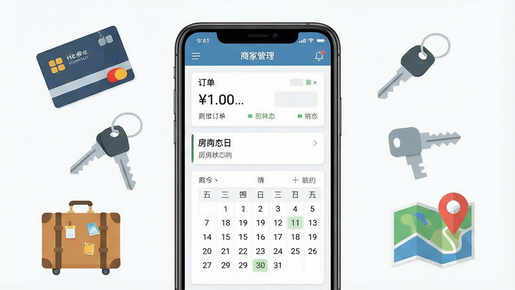 一张展示同程度假商家手机应用界面的场景图,画面中央是一部竖屏智能手机,屏幕内呈现订单列表与房态日历的商家管理后台,手机两侧环绕着酒店房卡、钥匙、旅行箱与地图定位图标,整体布局居中对称,风格为清爽的扁平化插画,细节包括屏幕上的数据卡片与状态标签,画质干净清晰,无多余装饰元素