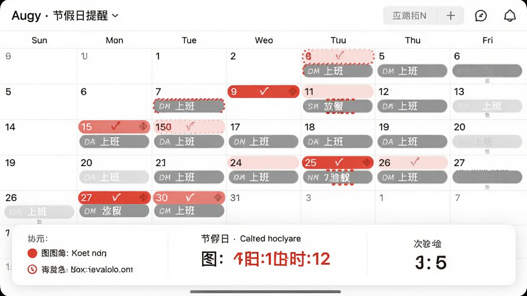 日历应用节假日提醒界面,画面展示一个月视图日历,部分日期标注红色放假标记与灰色上班标记,下方为节假日倒计时卡片,布局规整,风格简洁,细节包含月份标题与图例说明,画质清晰,无多余装饰