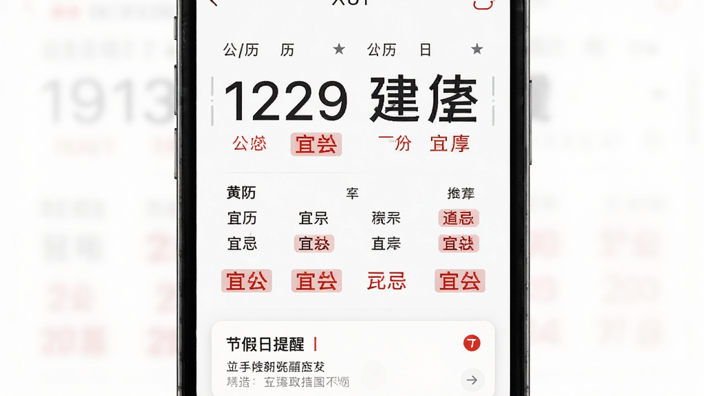 手机屏幕居中展示日历应用界面,上方显示公历日期与农历大字,中部为黄历宜忌条目,底部为节假日提醒卡片,整体布局清晰,风格简约干净,细节包含日期数字、农历小字、红色宜忌标签,画质清晰,无多余元素