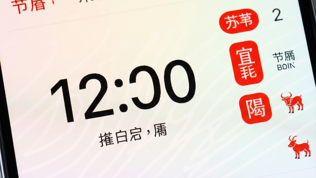 手机日历应用主界面特写,画面中央为大型日期数字与下方农历小字,右侧竖排显示宜忌红色标签,背景为浅色渐变,风格清爽,细节包含节气名称与生肖图案,画质干净,无杂乱元素