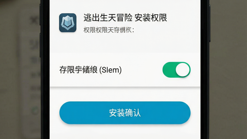 画面主体为手机安装游戏时的权限设置界面,中央为存储权限开关与安装确认按钮,背景为简洁的设置页面,布局上采用上下结构上方为权限说明下方为操作按钮,排版清晰突出关键开关,风格为扁平化手机UI风格,细节包括开关高亮、提示文字与图标阴影,画质清晰干净,画面中文字标注“逃出生天冒险 安装权限”,无多余元素