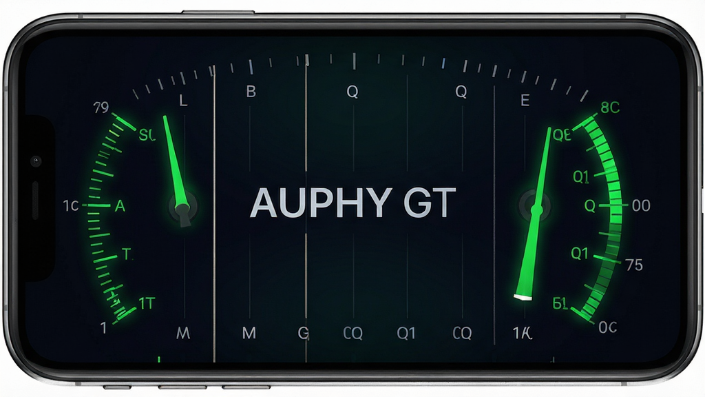 AUPHY GT 软件调音界面特写,手机屏幕显示六根琴弦的音准刻度表,指针指向绿色区域表示音准正确,背景为深色渐变,画面中央突出