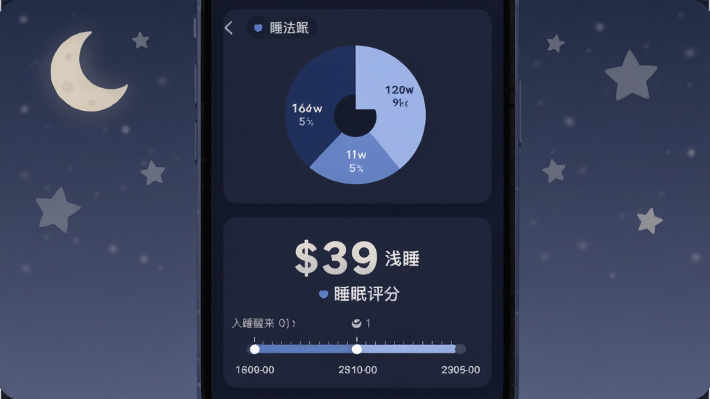 主体为手机屏幕显示睡眠分析报告页面,包含深睡浅睡饼图、睡眠评分数字和入睡醒来时间轴;布局为手机屏幕占画面主体,背景有月亮和星星的淡色装饰;排版上评分数字放大突出,图表位于下方;风格为柔和夜间模式插画;细节上饼图使用深蓝与浅蓝区分,时间轴有清晰刻度,整体色调偏暗但文字清晰;画质高清,干净无多余元素