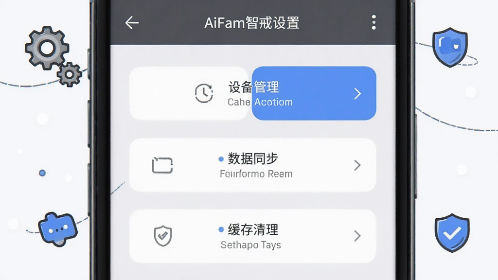主体为手机屏幕显示AiFam智戒应用设置页面,页面中包含设备管理、数据同步、缓存清理等选项按钮;布局为手机界面特写居中,周围有齿轮和盾牌的小图标点缀;排版上按钮排列整齐,重要选项用蓝色高亮;风格为简洁工具类界面插画;细节上设置项文字清晰可辨,背景为浅灰白色;画质干净,无多余元素